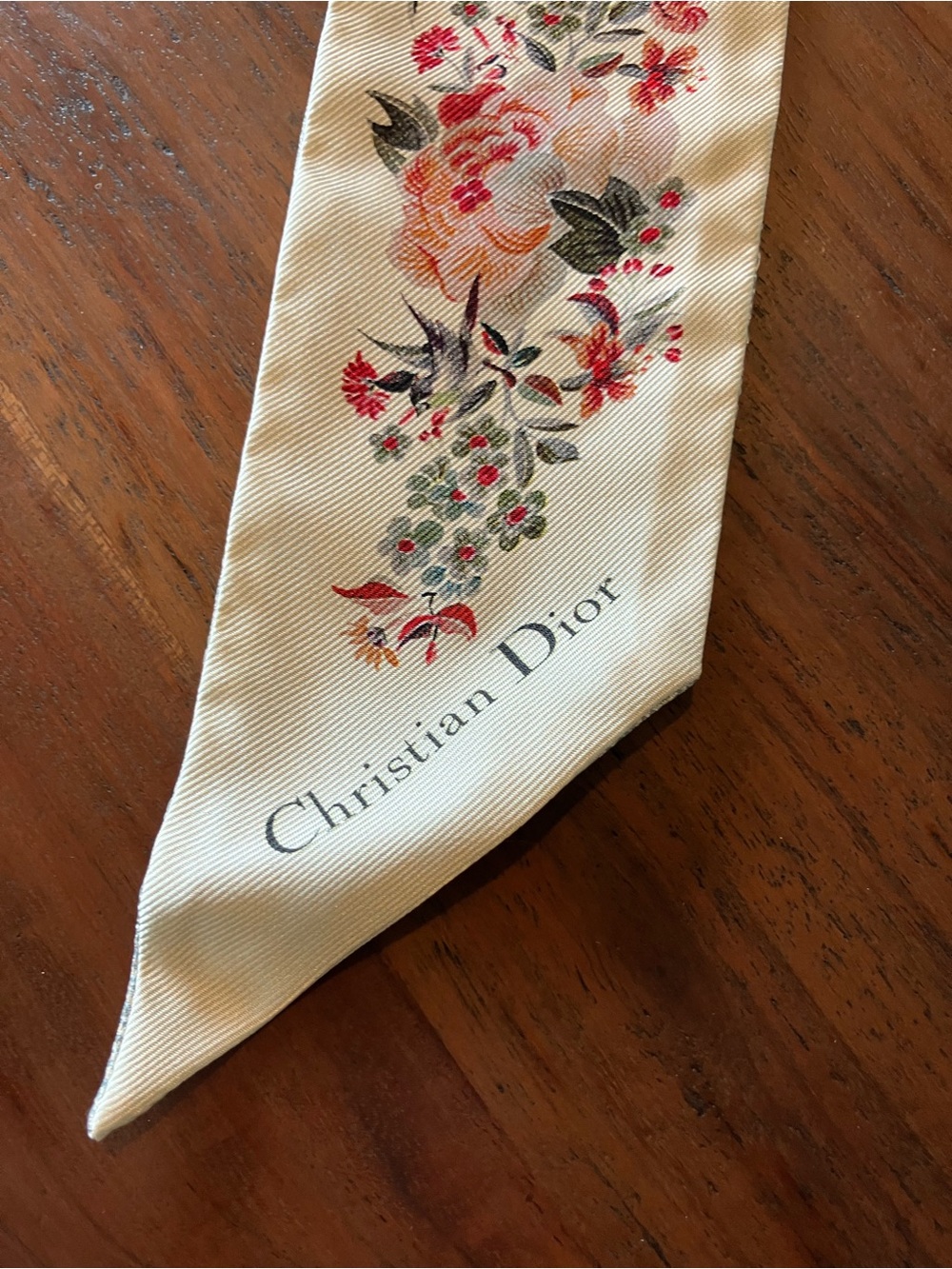 Dior Floral Cream Silk Twilly with Multicolor Bouquet